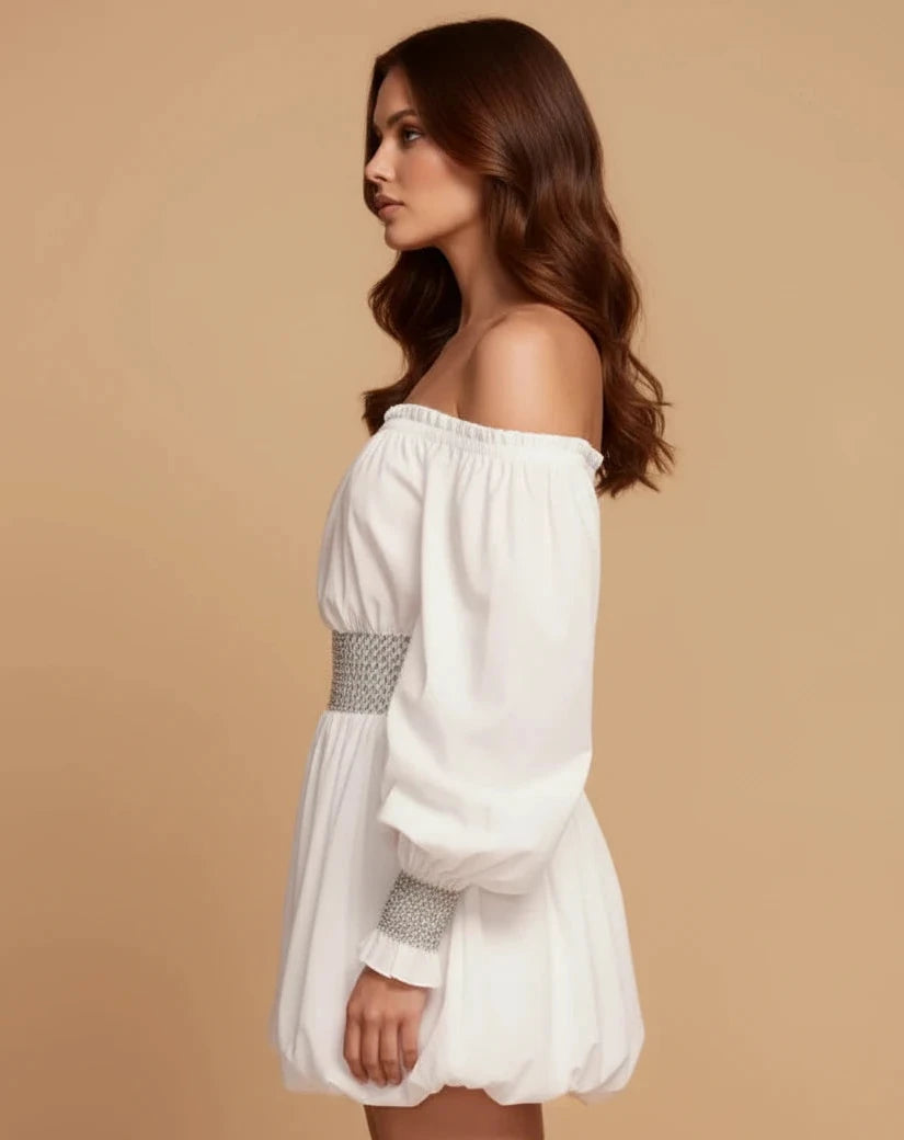 Ivory Off-Shoulder Bubble Hem Mini Dress