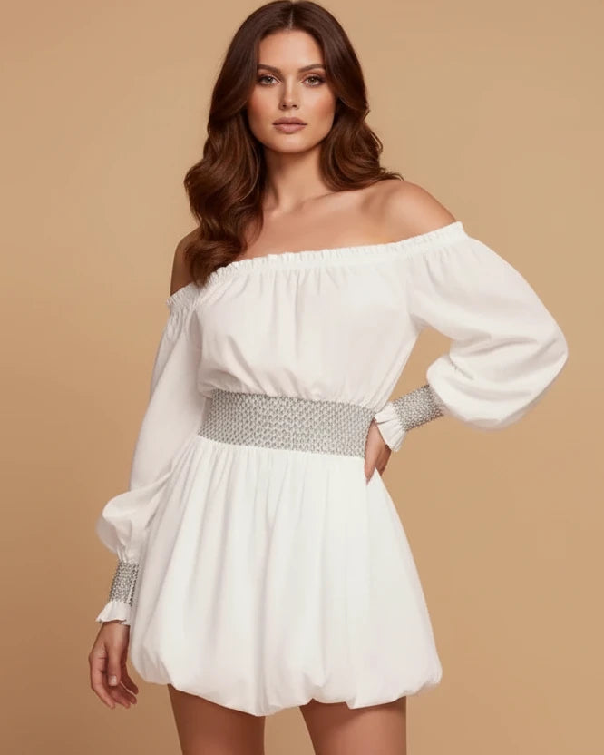 Ivory Off-Shoulder Bubble Hem Mini Dress