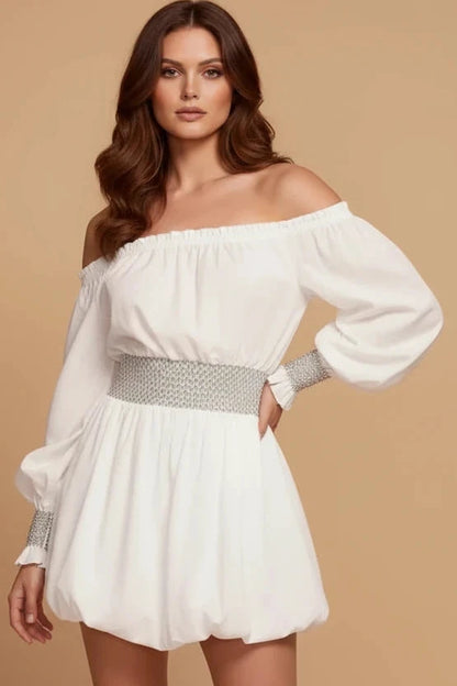 Ivory Off-Shoulder Bubble Mini Dress