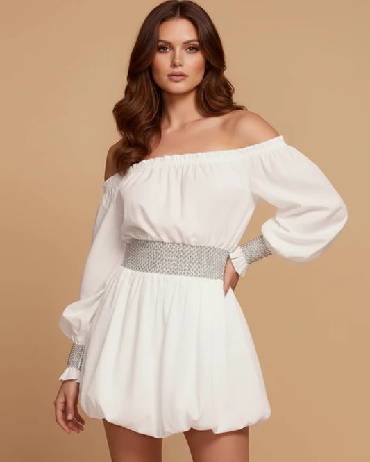 Ivory Off-Shoulder Bubble Hem Mini Dress