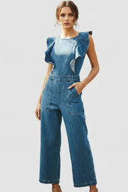 Ruffled Sleeveless Backless Denim Jumpsuit