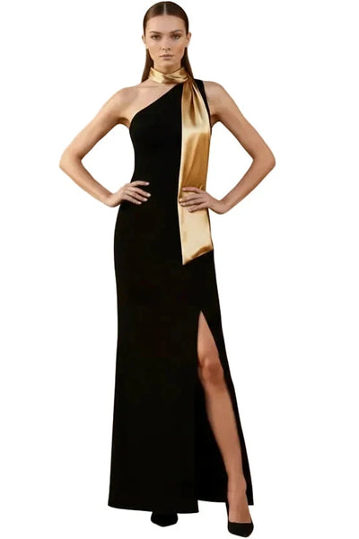 Draped One-Shoulder Slit Evening Gown