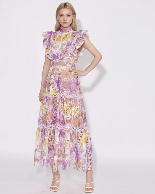 Floral Ruffle Tiered Midi Dress with Cutout Detail