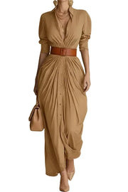 Ruched Button-Front Shirt Maxi Dress