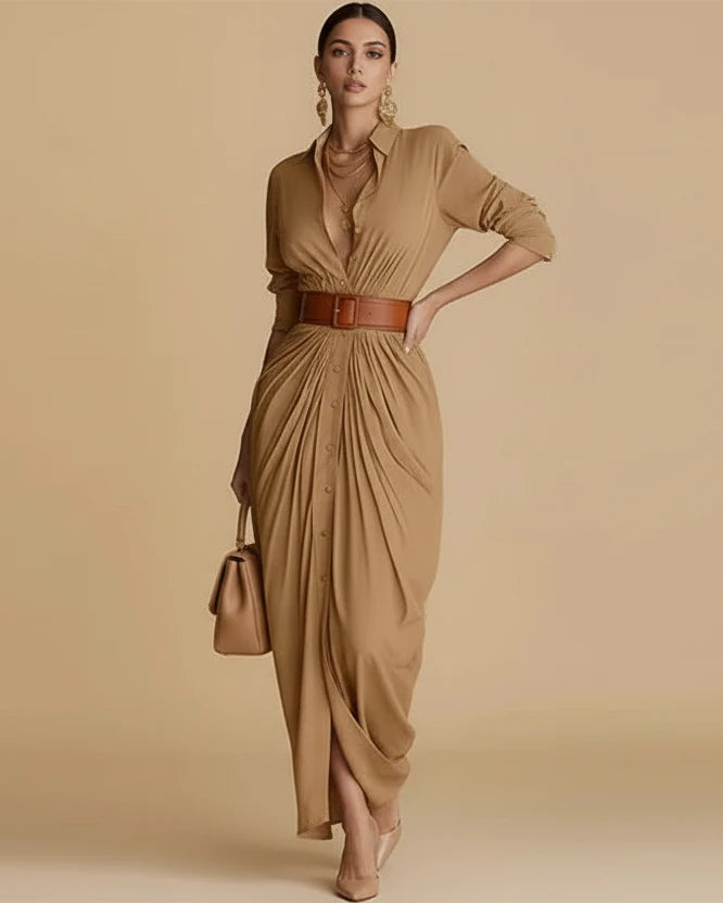 Ruched Button-Front Shirt Maxi Dress