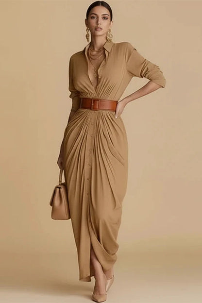 Ruched Button-Front Shirt Maxi Dress