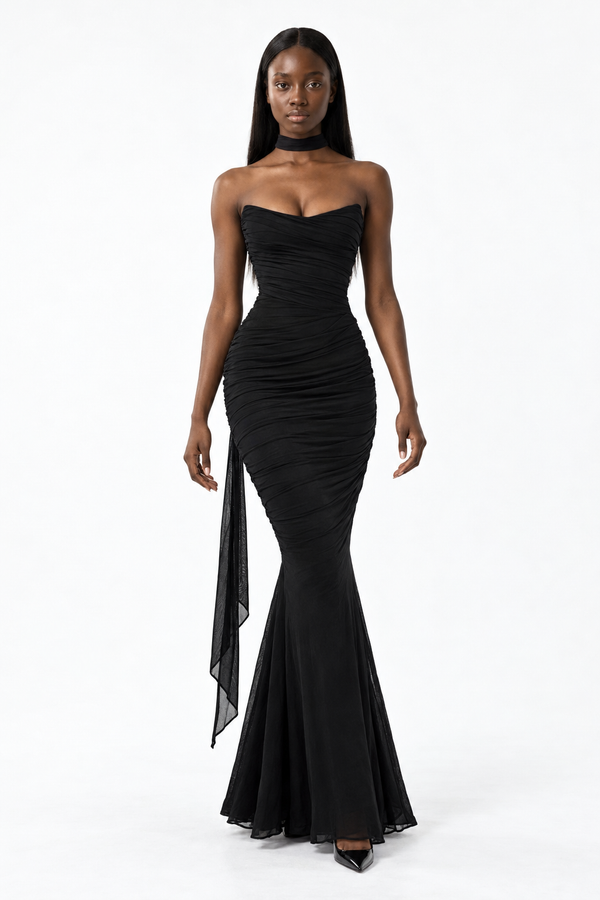 Black Leonie ruched strapless top and maxi skirt set with matching neck scarf on the Black signature model