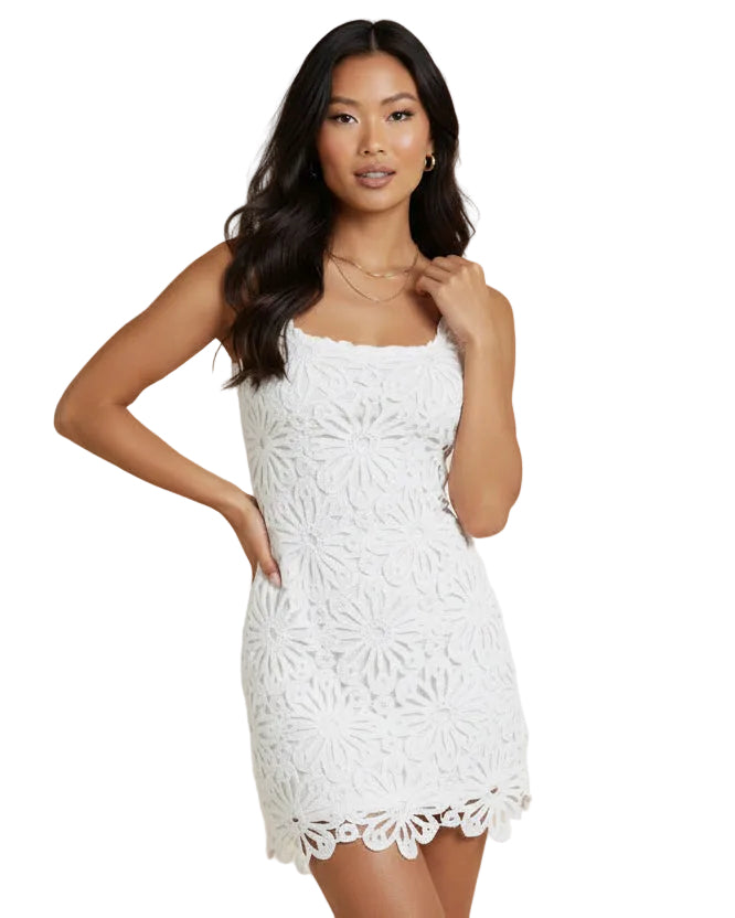 white lace crochet mini dress women elegant summer outfit- front view