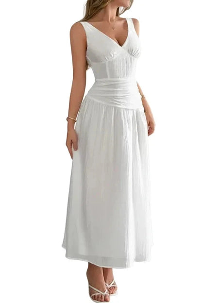 white luna v neck cutout summer midi dress elegant outfit
