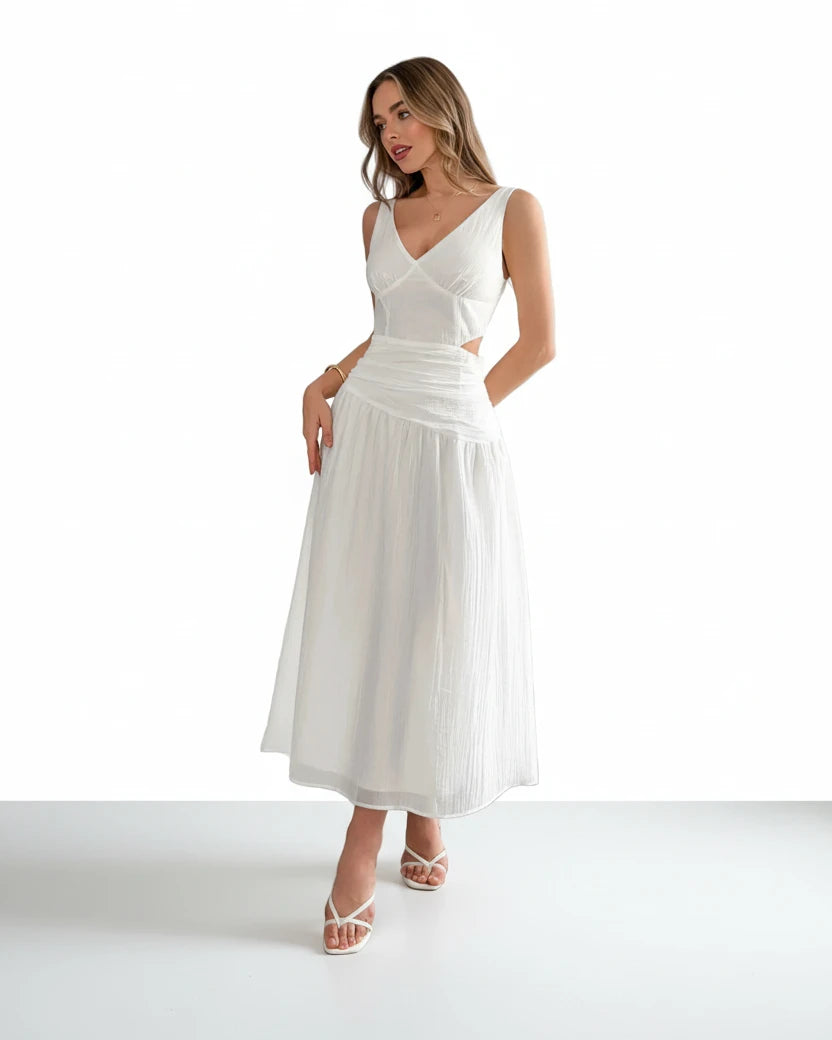 white luna v neck cutout summer midi dress elegant outfit- front view