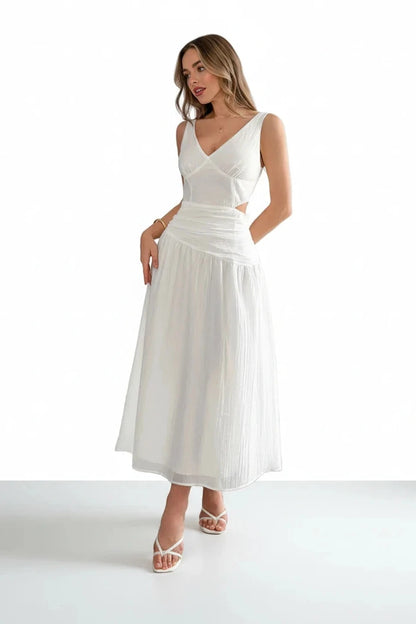 white luna v neck cutout summer midi dress elegant outfit- front view